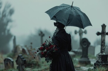 Mourning Woman in Black with Umbrella at Cemetery
