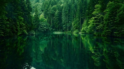  A serene forest lake surrounded by towering evergreens, with reflections of the verdant canopy...