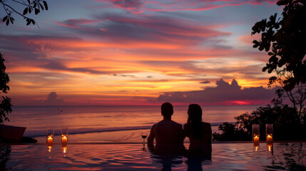 Serenity at sunset a couple unwinds by the pool embracing the vibrant skies