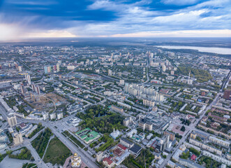 Yekaterinburg aerial panoramic view in summer sunset. Ekaterinburg is the fourth largest city in Russia located in the Eurasian continent on the border of Europe and Asia.