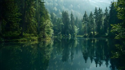  A serene forest lake surrounded by towering evergreens, with reflections of the verdant canopy dancing on its glassy surface. . 
