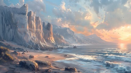 Serene Seaside Cliffs at Sunset Captured in Traditional Oil Painting Style with Interplay of Light...