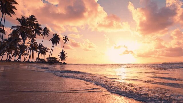 Indian tropical beach with palm silhouettes at dusk. Landscape of the evening coast. Summer holiday on a sandy beach with palm trees against the backdrop of a sea sunset.