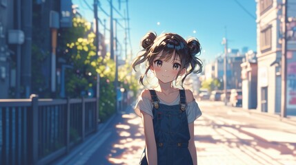 Fototapeta premium オーバーオールを着た少女、街中3