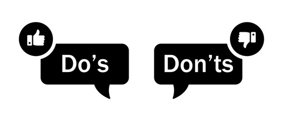 Do's and don'ts icon with thumbs up and thumbs down symbol in black color. Do's and don'ts button icon with like and dislike symbol in black color. Yes and no vector.