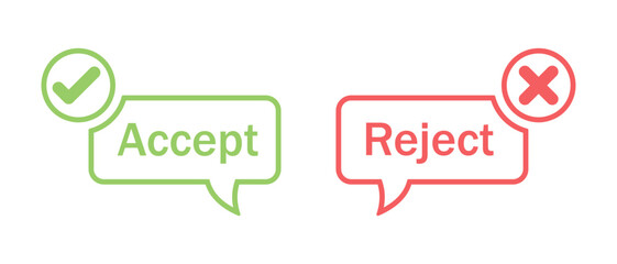 Accept and reject button icon with tick and cross symbol in call out style stroke. Right and wrong buttons symbols. Check box icon with right and wrong sign. Vector