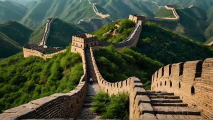 the great wall of china leading to the pyramid of giza, green forrest and shrubs
