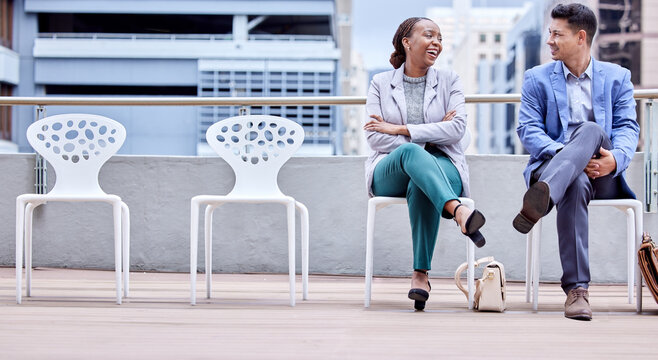 Waiting, hiring and business people sitting, patience and conversation with human resources. Staff, employees and discussion with startup, new job and interview with professional, chair and agency