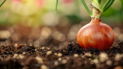 A Sprouting Onion Plant in a Garden or Farm Environment. Concept Vegetable gardening, Farming, Gardening tips, Garden design, Crop cultivation