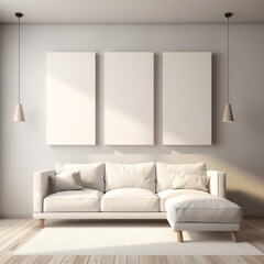A white couch is in a room with three white picture frames on the wall. The room is well lit and has a clean, minimalist feel