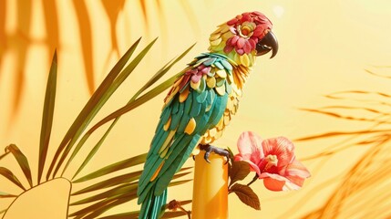 A colorful parrot composed of dried mango and pistachios against a sunny yellow setting.