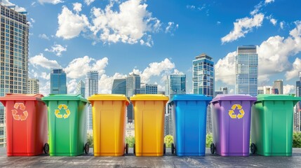 A colorful array of recycling bins against a city backdrop, promoting waste reduction and environmental consciousness.