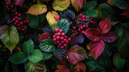 A cluster of berries peeking out from a tangle of vibrant foliage.