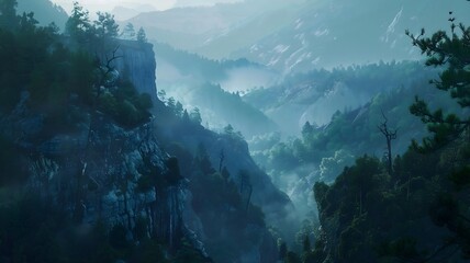  A serene mountain pass bathed in the soft light of dusk, with rugged cliffs and lush forests...