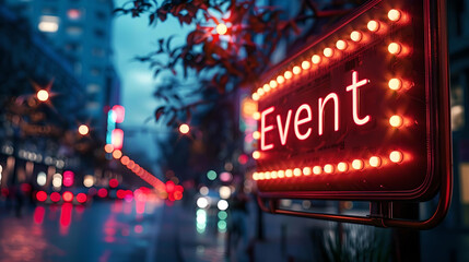 A glowing neon sign reading "Event" on a rainy city street at night, creating a vibrant urban scene.