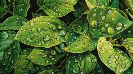 A close-up of raindrops gently kissing vibrant green leaves, showcasing the beauty of nature's intricate details.
