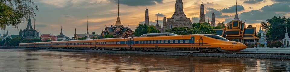 Futuristic Bullet Train Passes Iconic Buddhist Temple in Bangkok Skyline