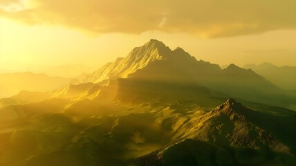  A serene mountain peak bathed in golden sunrise light, casting long shadows over a tranquil valley...