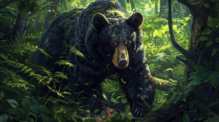 A close-up of a wild, black bear foraging in a lush, green forest.