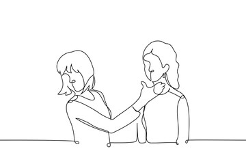 woman raised his hand to woman's face - one line art vector. end consultation with a plastic surgeon, makeup artist
