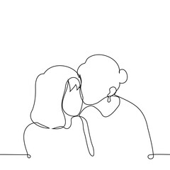 woman kisses woman on the cheek - one line art vector. concept chaste kiss, relatives, congratulations
