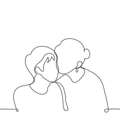 woman kisses man on the cheek - one line art vector. concept chaste kiss, relatives, congratulations