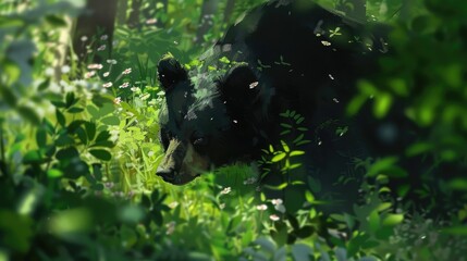 A close-up of a wild, black bear foraging in a lush, green forest.