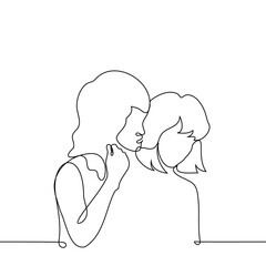 woman whispers in another's ear standing behind her - one line art vector. concept off female friends gossiping, lesbian couple flirting and seducing