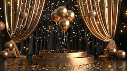 Stage adorned with golden podium, birthday balloons, confetti, and festive decorations. Concept Birthday Celebration, Golden Podium, Party Balloons, Festive Decor, Confetti Rain