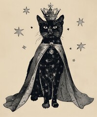vintage illustration of a royal black cat with a crown and a robe