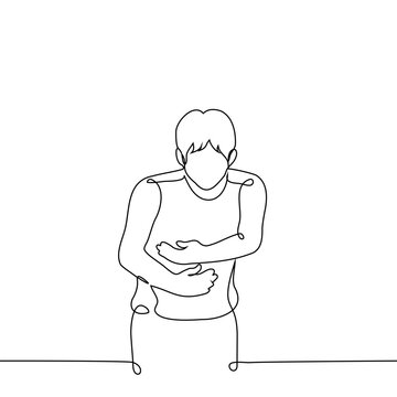 recommend clip art: man stands with both hands holding his stomach - one line art vector. concept of attack of pain, discomfort in the abdomen or spasm	
