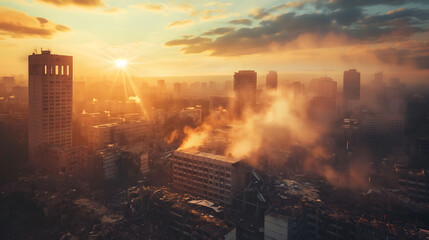 A sunrise over a devastated cityscape with smoke rising among damaged buildings