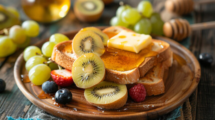 Tasty toasted bread with honey butter and fruits on pl
