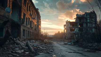 Sunset over a devastated cityscape, with destroyed buildings and debris strewn across the streets