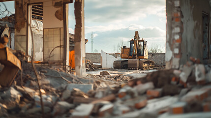 Fototapeta premium An excavator at work on a demolition site, with debris and damaged structures around it