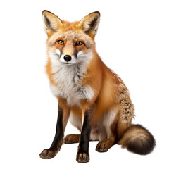 Obraz premium A beautiful red fox sits in the forest, looking out at the world with its bright, curious eyes. Its fur is soft and looks warm, and its tail is long and bushy.