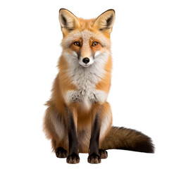 A beautiful red fox sits in the forest, looking out at the world with its bright, curious eyes