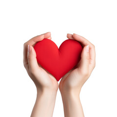 Two hands gently holding a vibrant red heart against a dark background, symbolizing care and love.