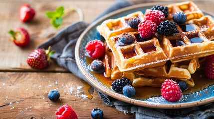Tasty waffles with sweet syrup and berries on plate