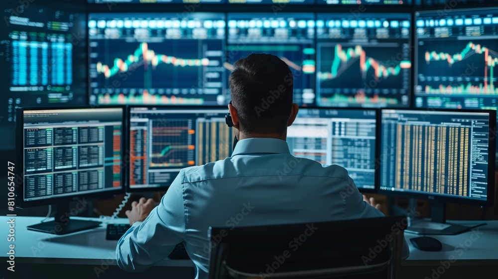 Wall mural focused professional analyzing financial trends on multiple computer screens in busy stock exchange 