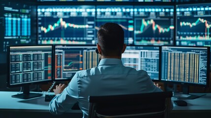 Fototapeta premium Focused professional analyzing financial trends on multiple computer screens in busy stock exchange office