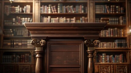 A classic, wooden podium, with a vintage design, set against a backdrop of a cozy, book-lined library.