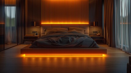 Modern Bedroom with Ambient Lighting and Warm Wooden Accents