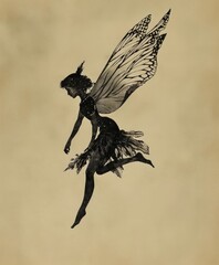 vintage black ink illustration of a cute little fairy with wings