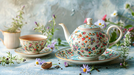 Obraz na płótnie Canvas Teapot and cup with floral tea on light background