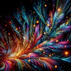 Vivid Feather Shapes with Glowing Particles on Dark Background