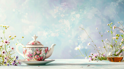 Teapot and cup with floral tea on light background