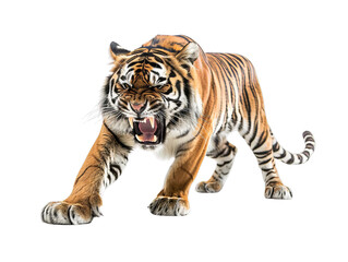Obraz premium A fierce tiger roars, showing its sharp teeth and claws, isolated on transperent background.