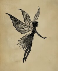 vintage black ink illustration of a cute little fairy with wings