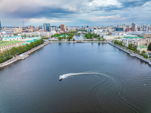Embankment of the central pond and Plotinka. The historic center of the city of Yekaterinburg, Russia, Aerial View